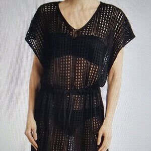 NWT-Black Sheer Crochet BEACH Cover-Up Dress with Drawstring Waist